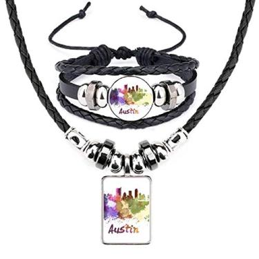 Imagem de Austin America City Conjunto de joias de colar de couro aquarela
