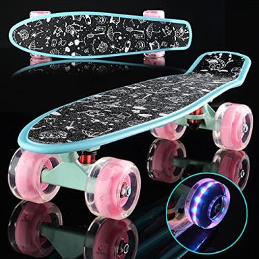 Imagem de Skate completo Mini Cruiser 55,88 cm Retrô para Crianças Adolescentes Adultos, Rodas com Luz de LED com T-Tool, F