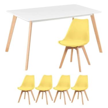 Imagem de Mesa De Jantar Retangular 80 X 140 Cm Branco + 4 Cadeiras Leda Amarelo Mesa Branco Com Cadeiras Amarelo