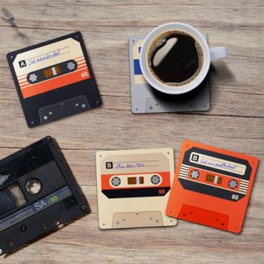 Imagem de Jogo de Porta Copos Fita Cassete K7 Retrô Vintage - 4 peças