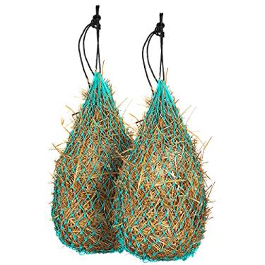 Imagem de Majestic Ally Rede de feno para cavalos, 2 peças de alimentação lenta de 106,66 cm, furos pequenos de 5,08 x 5,08 cm, corda de nylon, alimentador de viagem ajustável para reboque e parada, simula a pasta, reduz o desperdício (turquesa)