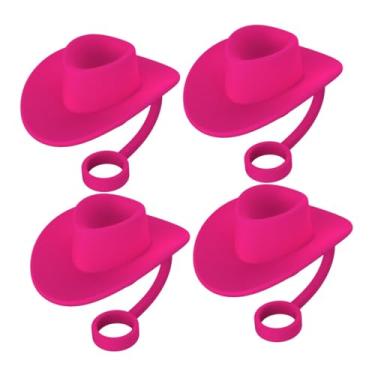 Imagem de Generic 4 peças tampas de palha tampa de silicone palha poeira plug engraçado multiuso favores de festa rolha de palha chapéu de cowboy em forma para uso, Rosa vermelha