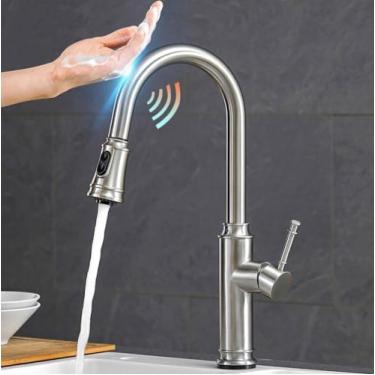 Imagem de Toque inteligente torneiras de cozinha guindaste para sensor misturador da pia água da cozinha girar toque sensor misturador água, 1006, escova níquel