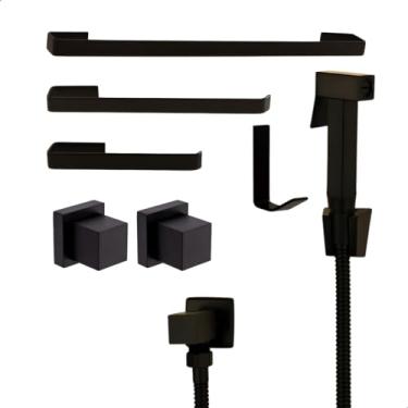 Imagem de Kit Completo de Acessórios Quadrado para Banheiro Preto Fosco Matte: 100% Metal com Ducha Higiênica + 2 Acabamentos