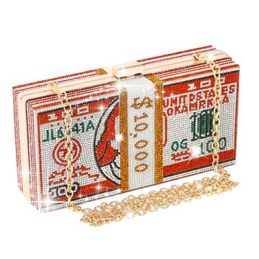 Imagem de WJCD Bolsa clutch de dinheiro com strass pilha de dinheiro exclusiva bolsa de mão para noite bolsa de ombro bolsa tiracolo bolsa de mão com strass, Vermelho, Small