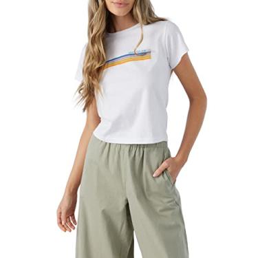 Imagem de Hang Ten Camiseta feminina com logotipo gráfico - Camisetas estampadas casuais confortáveis para mulheres - Camiseta de manga curta estampada em tela, Branco | Sp3418963, P