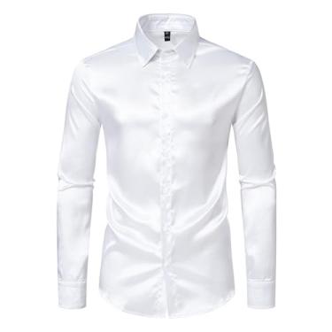 Imagem de Camisa masculina casual slim fit manga longa cetim botão cor sólida brilhante camisa boate, Branco, XXG