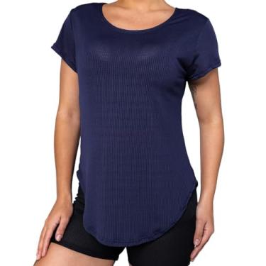 Imagem de Donna Martins, Camiseta Fitness Feminina Para Academia Gola Redonda Microfuros Ideal Para Esportes Donna Martins Cor:Azul Marinho;Taman