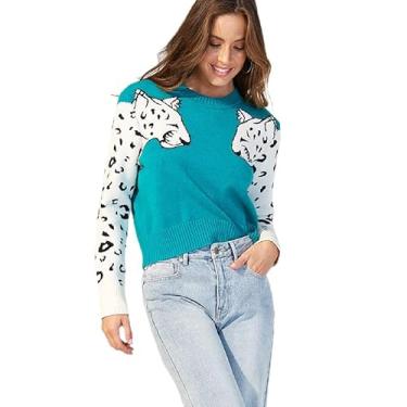 Imagem de LUBOSE Pulôver feminino de gola redonda, pulôver feminino solto de malha de manga comprida, suéter pulôver fashion feminino, suéter feminino estampado de leopardo (M, verde claro)