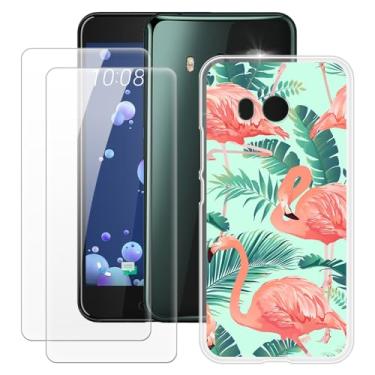 Imagem de MILEGOO Capa HTC U11 + 2 peças protetoras de tela de vidro temperado, à prova de choque, capa de TPU de silicone macio para HTC U11 (5,5 polegadas) Flamingo