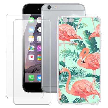 Imagem de MILEGOO Capa para iPhone 6 Plus + 2 peças protetoras de tela de vidro temperado, capa de TPU de silicone macio à prova de choque para iPhone 6S Plus (5,5 polegadas) Flamingo