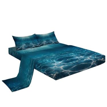 Imagem de Eojctoy Jogo de cama King com estampa de fundo de lago azul, microfibra super macia, 4 peças, 1 lençol com elástico, 1 jogo de lençol com elástico e 2 fronhas, 40 cm de profundidade para quarto de