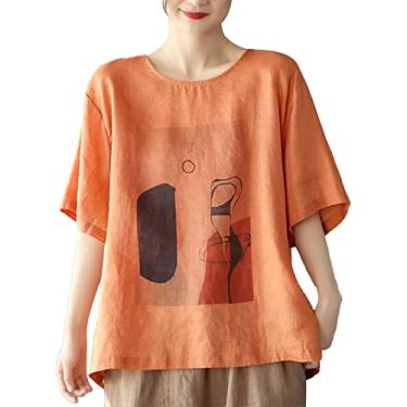 Imagem de Camisetas femininas estampadas de tamanho grande blusa de linho túnica casual solta trabalho verão 2024, Vermelho, GG