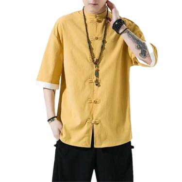 Imagem de Camiseta masculina de algodão e linho de manga curta masculina estilo chinês gola mandarim slim camisetas masculinas de verão, Amarelo, M