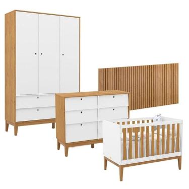 Imagem de Quarto de Bebê Unique 3 Portas com Cômoda 6 Gavetas e Painel Ripado com Led Branco Soft Freijó Eco Wood - Matic