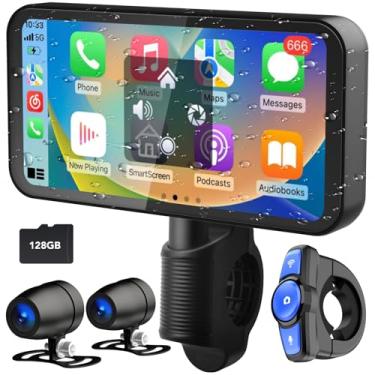 Imagem de Weuaste Câmera veicular para motocicleta, carplay/Android Auto, sistema de navegação GPS para motocicleta, tela sensível ao toque IP67 de 6,2 polegadas, controle remoto, Siri, Google Assistant, cartão