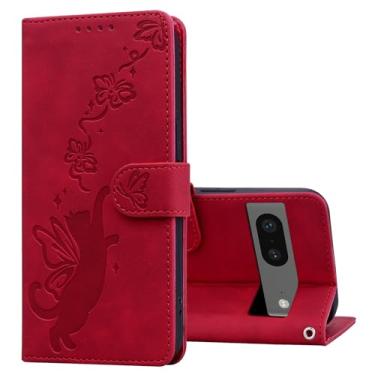 Imagem de Refilerss Capa carteira para Google Pixel 7 capa flip de couro premium com suporte para cartão fecho magnético borboleta padrão gato suporte à prova de choque capa protetora para celular - vermelha