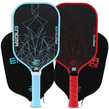Imagem de Enigma Pickleball Pacote de proto-fogo e gelo, raquete de pickleball de fibra de carbono bruto termoformado com núcleo de polímero de favo de mel, controle de potência aprimorado e rotação máxima,