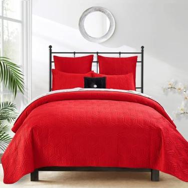 Imagem de Querencia Conjunto de colcha de veludo de luxo, tamanho Queen - edredom geométrico acolchoado vermelho e branco marfim com fronhas, todas as estações (casal/queen)