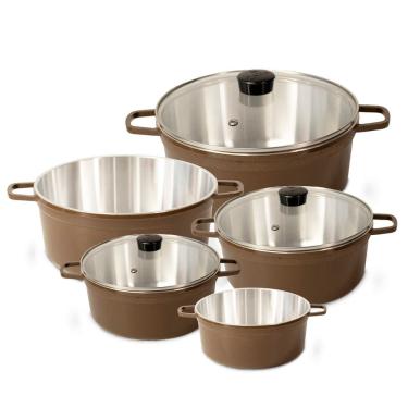 Imagem de Jogo De Panela Fundida Alumínio Batido Caçarolas 5 Peças Tampa de Vidro - Marrom