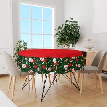 Imagem de Toalha De Mesa Redonda Tecido Oxford Natal Papai Noel Meias Fundo Verd