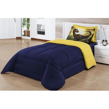 Imagem de Kit Cobre Leito Solteiro Infantil Dinossauro Dupla Face Azul Claro Azu