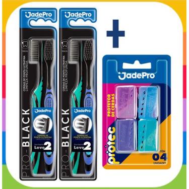Imagem de Kit 4 Escovas de Dente Pro Black Super Macias + 4 Protetores de Cerdas