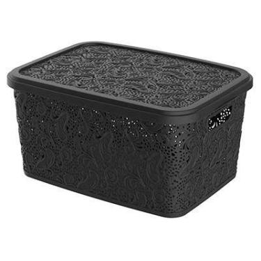Imagem de Caixa Organizadora 17 litros PP Floral Preta Alça Vazada Com tampa Box