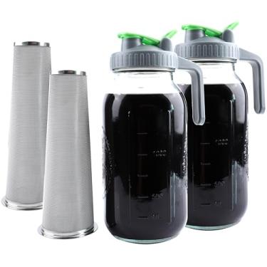 Imagem de Máquina de café Cold Brew 1,8 g, jarra de chá gelado com coador, conjunto de 2 jarras de vidro de 1,8 litros com tampa de bico, jarro de água de 2 litros para refrigerador, bebidas, chá de sol, bebida