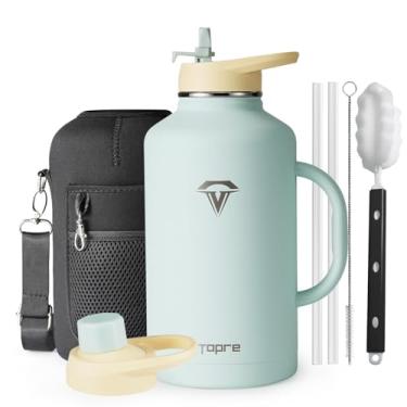 Imagem de Topre Garrafa de água de 1,8 litro com alça e bolsa de transporte, garrafa térmica de aço inoxidável de 1,8 l com tampa de palha, tampa de bico, garrafa de água de metal reutilizável, copo de copo,