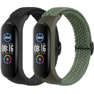 Imagem de Pacote com 2 pulseiras de nylon para Xiaomi Mi Band 7/6/5/4/3, tiras de substituição esportivas de nylon trançado macio para Xiaomi Mi Band 7/6/5/4/3 Fitness Tracker (preto + verde)