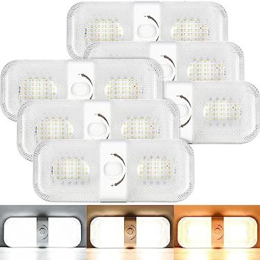 Imagem de Treela Pacote com 6 luzes interiores para trailers, 1700 lm, 3 cores TEM Camper Lights, luminárias brilhantes de 120 LEDs, luz de cúpula de teto RV interruptor W para RV, campista, carro, trailer, barco (branco natural quente e fresco)