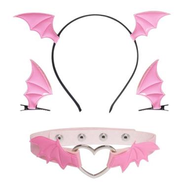 Imagem de SUMERSHA 4Pcs Halloween Bat Wing Headband Bat Hair Clips Heart Leather Choker Halloween Party Cosplay Costume Accessory (Pink)