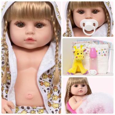 Imagem de Bebe Reborn Menina Loira Silicone Roupão Girafa 13 Itens - Cegonha Reb