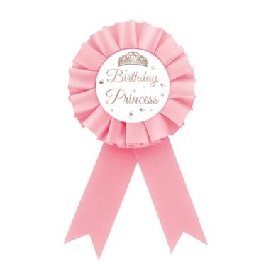 Imagem de Broche de crachá de folha de flandres de princesa de aniversário, coroa de ouro rosa, broche de aniversário de roseta rosa para menina, broches para festa de aniversário de meninas, broche de prêmio