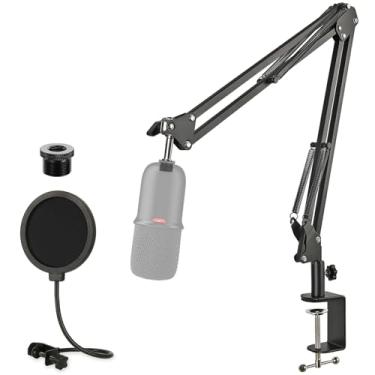 Imagem de Rigych Suporte de Microfone com Braço Boom Hyperx com Filtro Pop, Suporte de Braço Boom Ajustável para Microfone com Braçadeira de Mesa de Atualização para Hyperx Solocast, Microfone Condensador Quadc