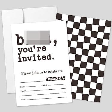 Imagem de 20 conjuntos Bro You're Invited Boys Convites de festa de aniversário com envelopes, preto e branco impresso frente e verso cartões de convite de festa de aniversário para adolescentes adolescentes,
