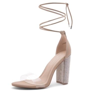 Imagem de Shoe Land SL-ROSEMMINA sandália feminina com strass e bico aberto com cadarço, salto alto grosso, sapatos de noiva, 2020clearnude, 7