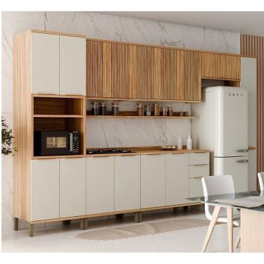 Imagem de Cozinha Modulada Completa 385cm 7 Peças 16 Portas com Tampo 100% MDF Noruega Fresada Espresso Móveis Amêndoa/Off White