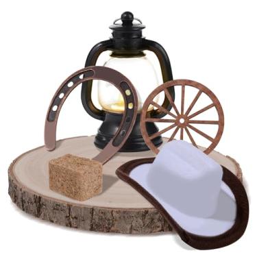 Imagem de Wayyogh 6Pcs Decorações Para Festas Ocidentais Mini Lanterna Com Vela Led Chapéu De Cowboy Fardos De Feno Roda De Carroça Artesanato Placa De Madeira Ferradura Centro De Mesa Suprimentos Para Festa
