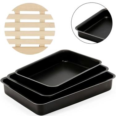 Imagem de Jogo de Assadeiras Forma Retangular 03 Peças Antiaderentes + Descanso de Panela Redondo Madeira