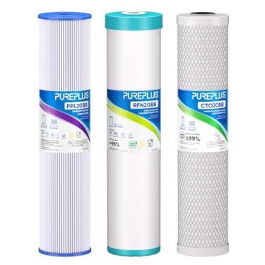 Imagem de PUREPLUS Kit combo de cartucho de filtro de água de 3 estágios de 11,4 cm x 50,8 cm com sedimentos plissados, redução de ferro e manganês e filtro de bloco de carbono ativado - kit de substituição de