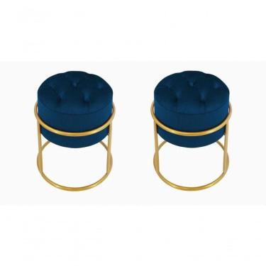 Imagem de Kit 2 Puff Banqueta Estofado Decorativo Base De Ferro Capitonê Suede Azul Marinho Eli Móveis E Decoração
