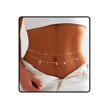 Imagem de Ursumy Corrente dourada delicada em camadas na cintura com lantejoulas para barriga cinto cruzado biquíni joia corporal para mulheres, One size, não, não