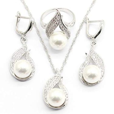 Imagem de Aixili Conjunto de joias de pérola branca para mulheres, colar banhado a ouro branco prateado, pingente, pingente, brincos de casamento, joia de noiva