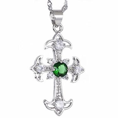 Imagem de RIZILIA Pingente de cruz com corrente de 45,7 cm e zircônia cúbica de corte redondo [5 cores disponíveis] banhado a ouro branco, simples, moderno e elegante, Ouro branco, Esmeralda sintética