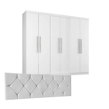 Imagem de Quarto de Casal Guarda Roupa 6000 com Cabeceira Mariana 140 cm Branco – Araplac