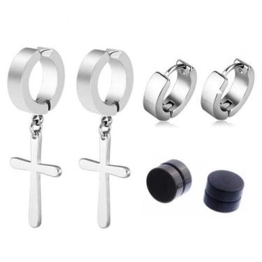 Imagem de Kit Brinco Argolinha E Cruz Prata + 1 Alargador Magnético - AIEVUOG