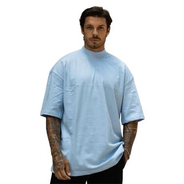 Imagem de Camiseta Oversized Gola Alta Aplique Assinatura Streetwear Confortavel Masculina Azul Claro-Masculino
