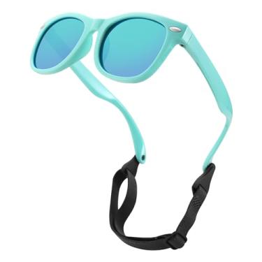 Imagem de LIU·WEN Óculos de sol polarizados fofos para bebês – Flexível dobrável com alça para recém-nascidos, meninos e meninas de 0 a 24 meses, A7 verde brilhante/verde espelhado, mdeium